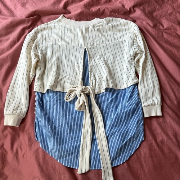 NWT Anthropologie Striped Cream White Blue Bow Tie Long Sleeve Twofer Small - Picture 6 of 7